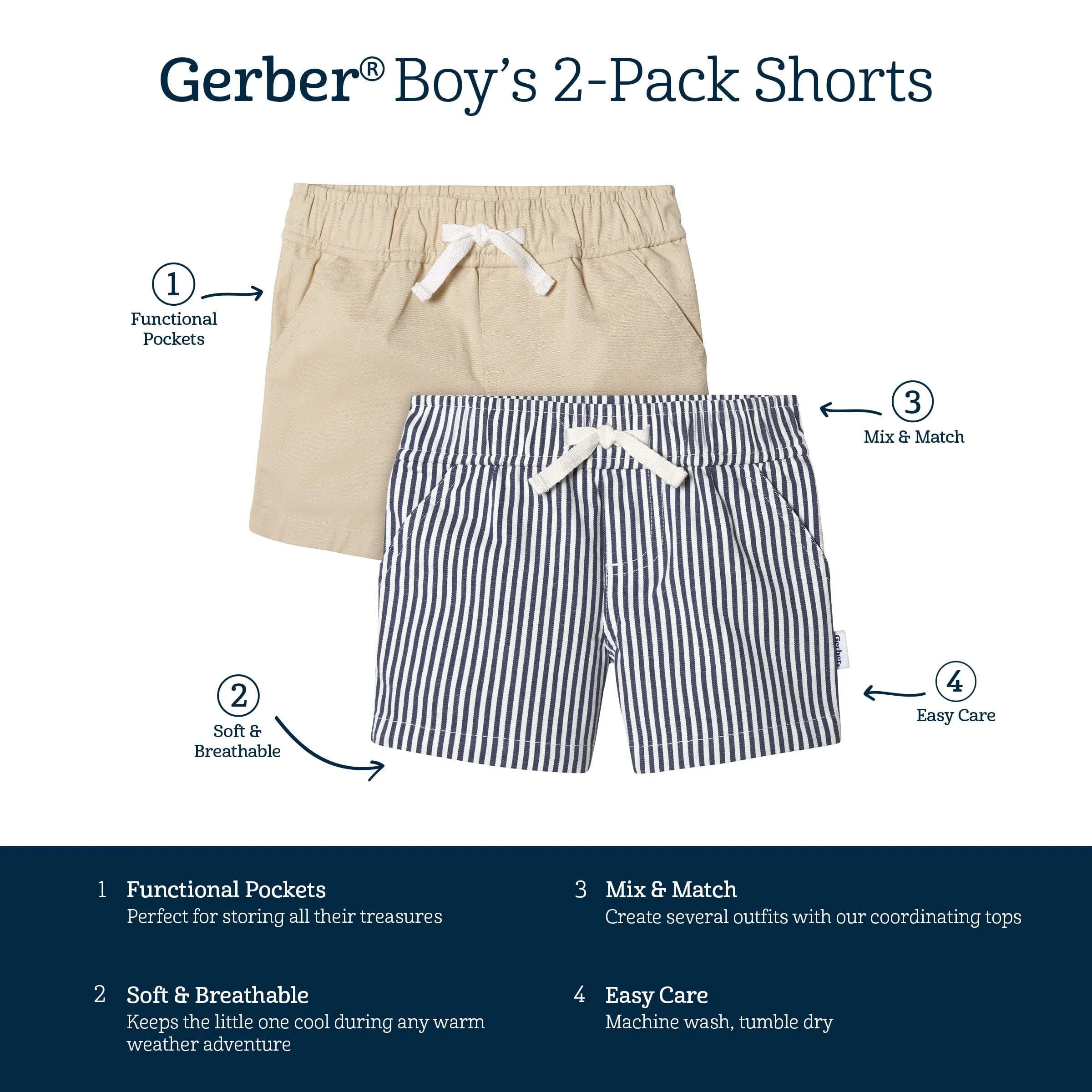 2-Pack Baby & Toddler Boys Navy Stripe and Khaki Twill Shorts