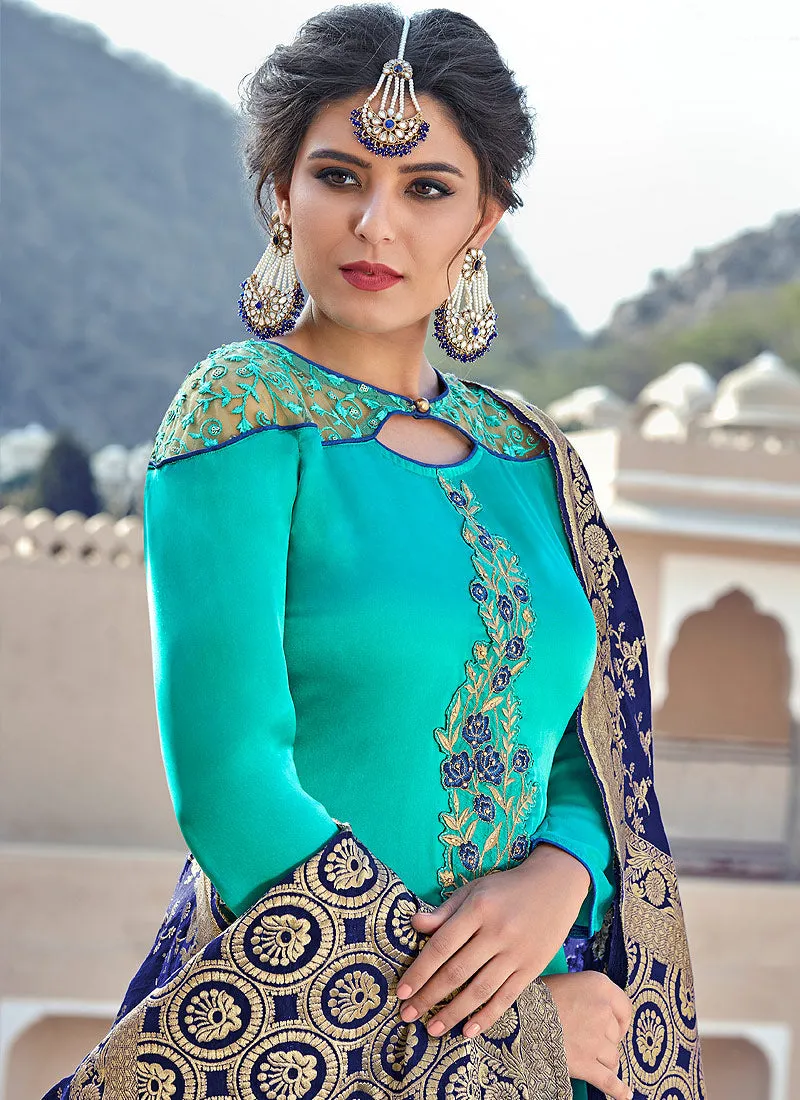 Aqua Blue Sober Embroidered With Banarasi Dupatta Pant Suit