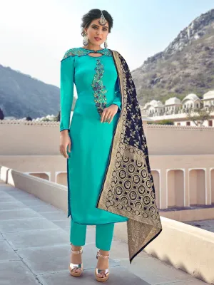 Aqua Blue Sober Embroidered With Banarasi Dupatta Pant Suit