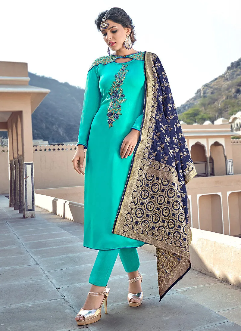 Aqua Blue Sober Embroidered With Banarasi Dupatta Pant Suit