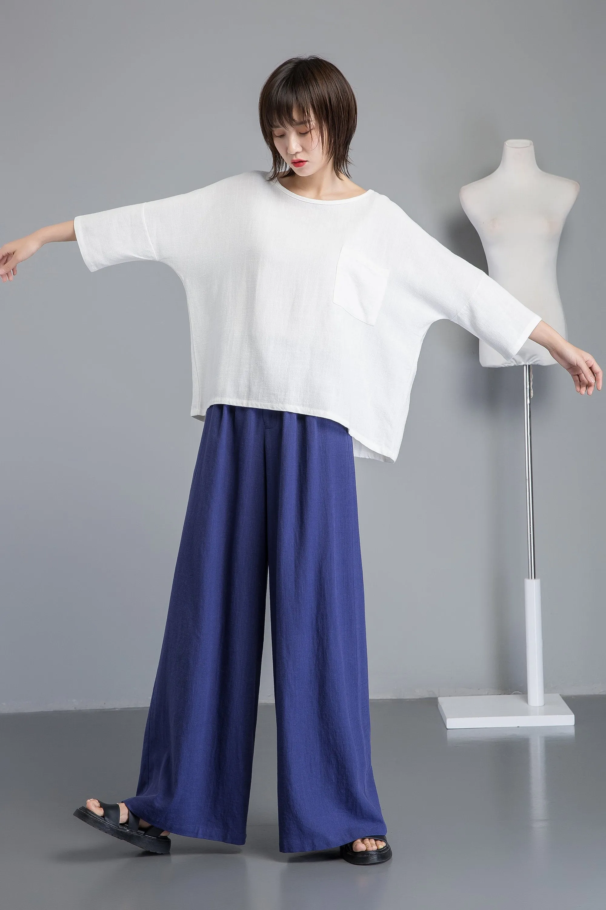 Blue linen pants, wide leg pants for elegant women, long blue linen pants for summer, custom plus size loose and casual pants C1266