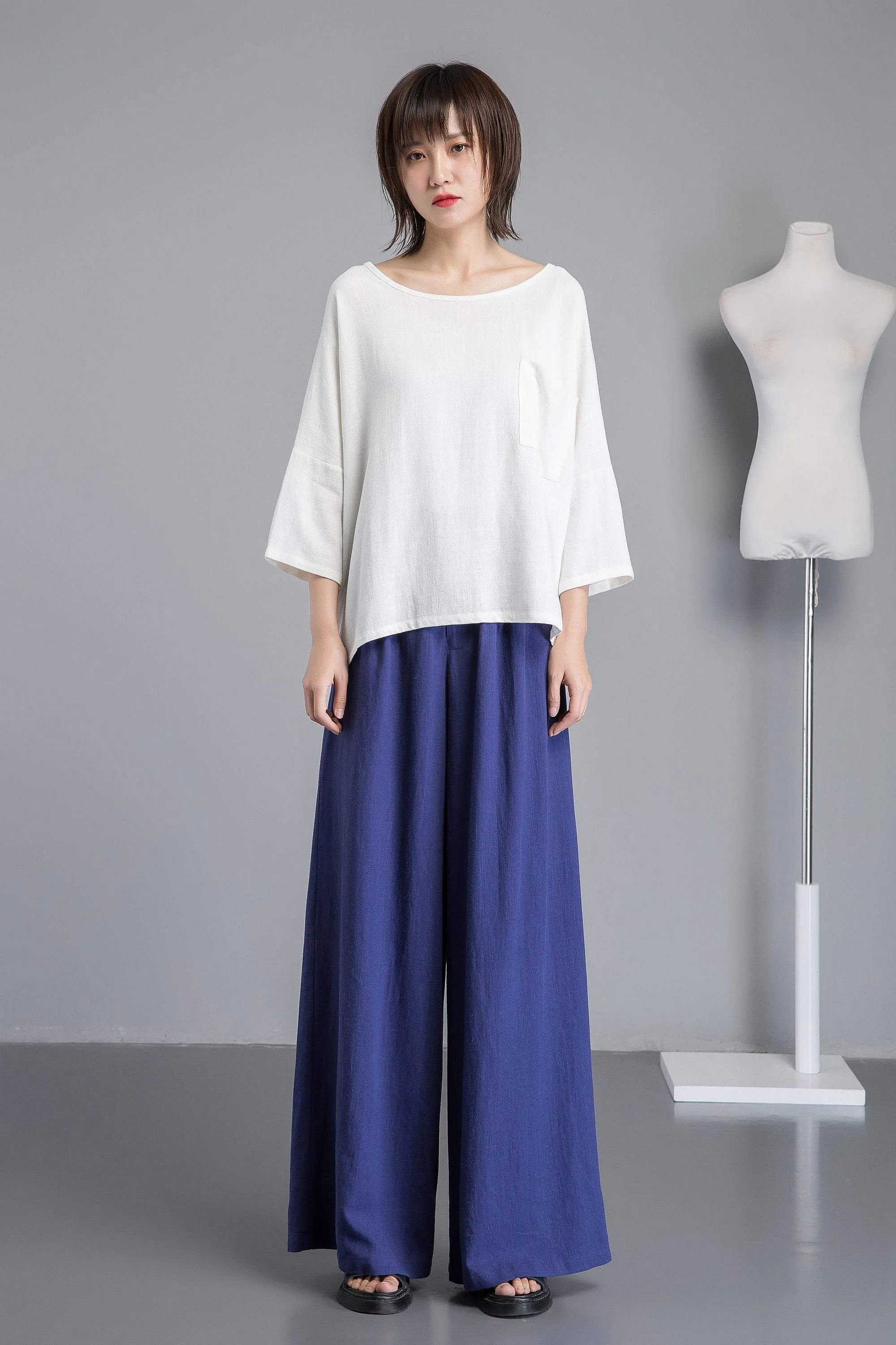 Blue linen pants, wide leg pants for elegant women, long blue linen pants for summer, custom plus size loose and casual pants C1266