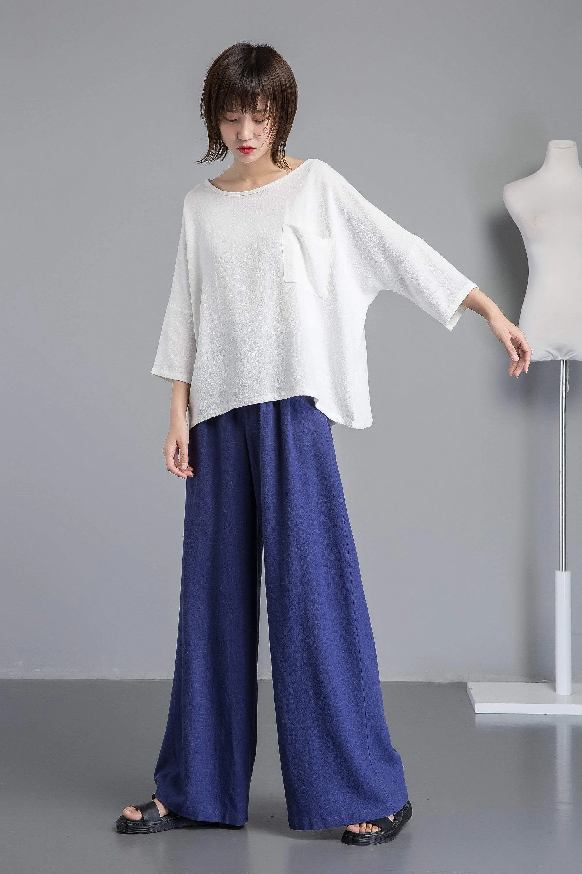 Blue linen pants, wide leg pants for elegant women, long blue linen pants for summer, custom plus size loose and casual pants C1266