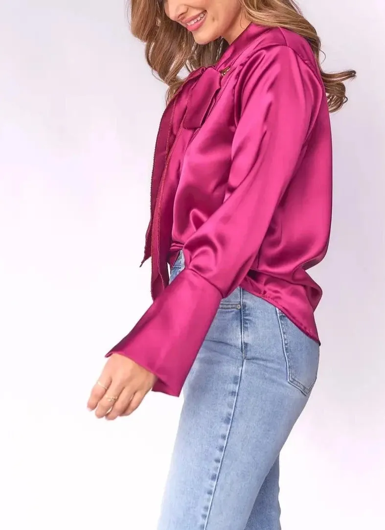 Bow-Tie Neck Satin Blouse