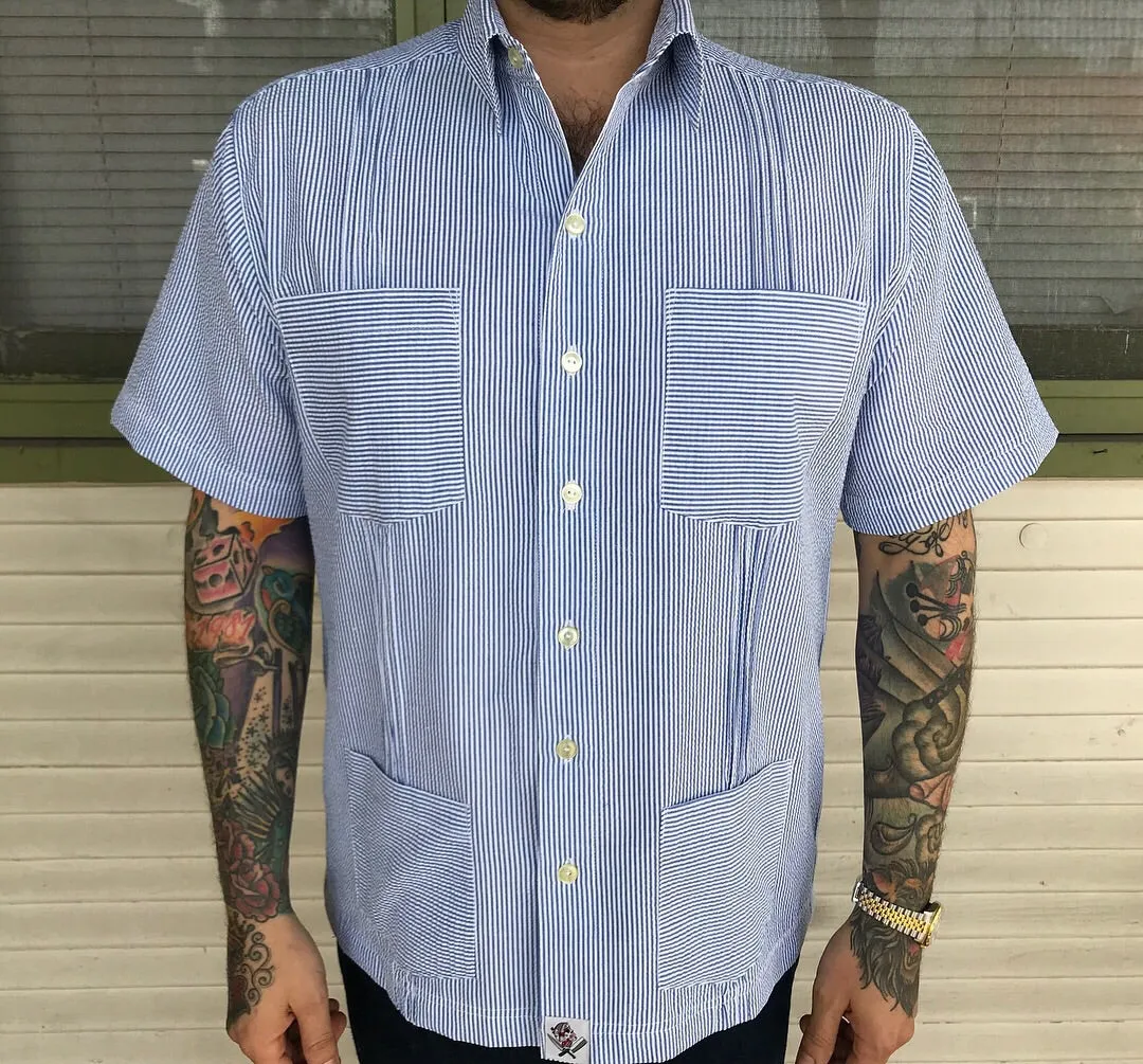 “country club Life” seersucker blue guayabera