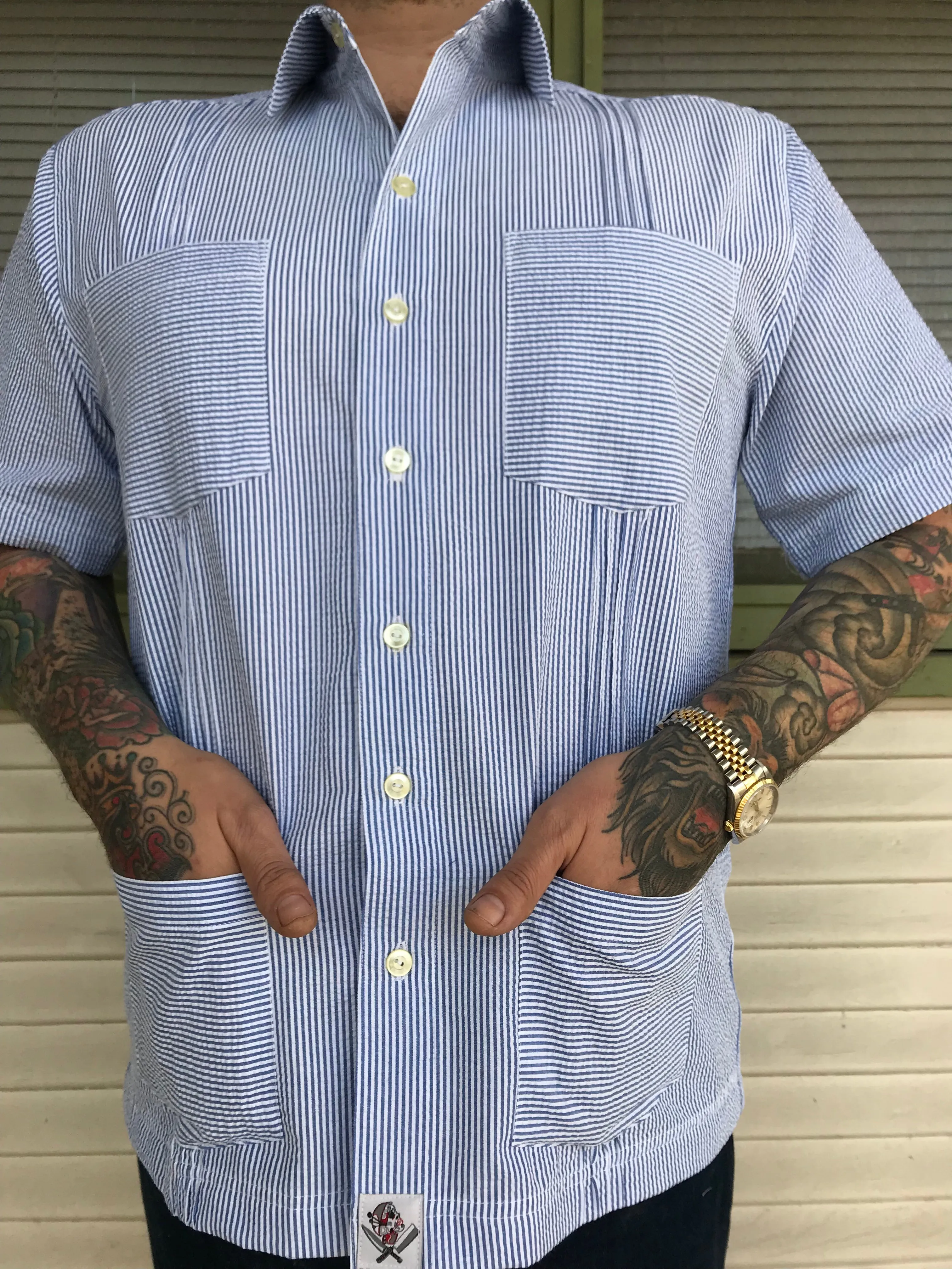 “country club Life” seersucker blue guayabera