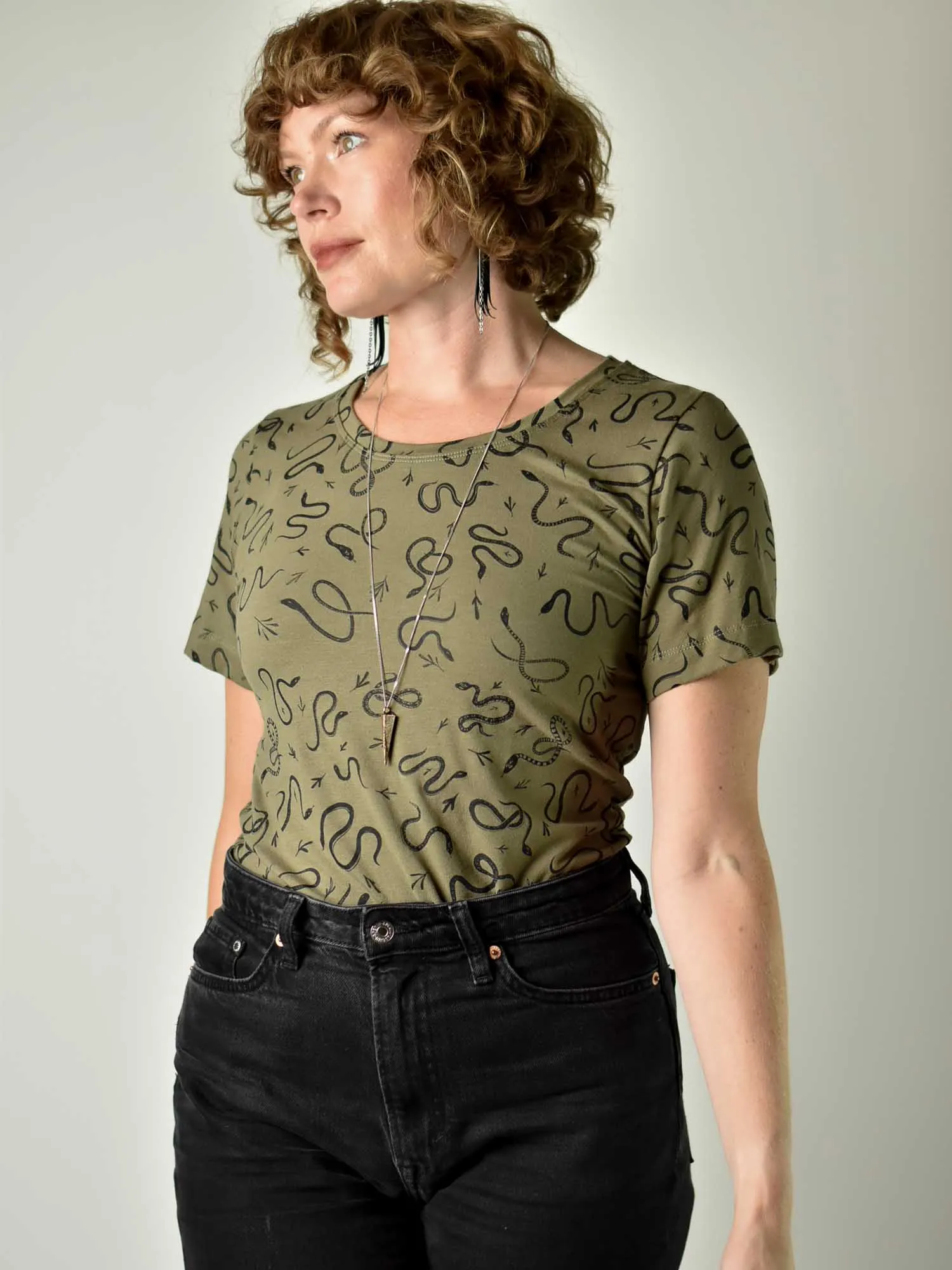 Fitted Short Sleeve - Olive Snakes