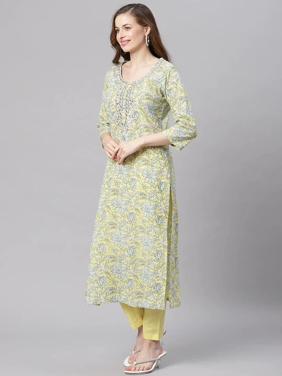 Jashvi  yellow Cotton Straight Kurta pant set