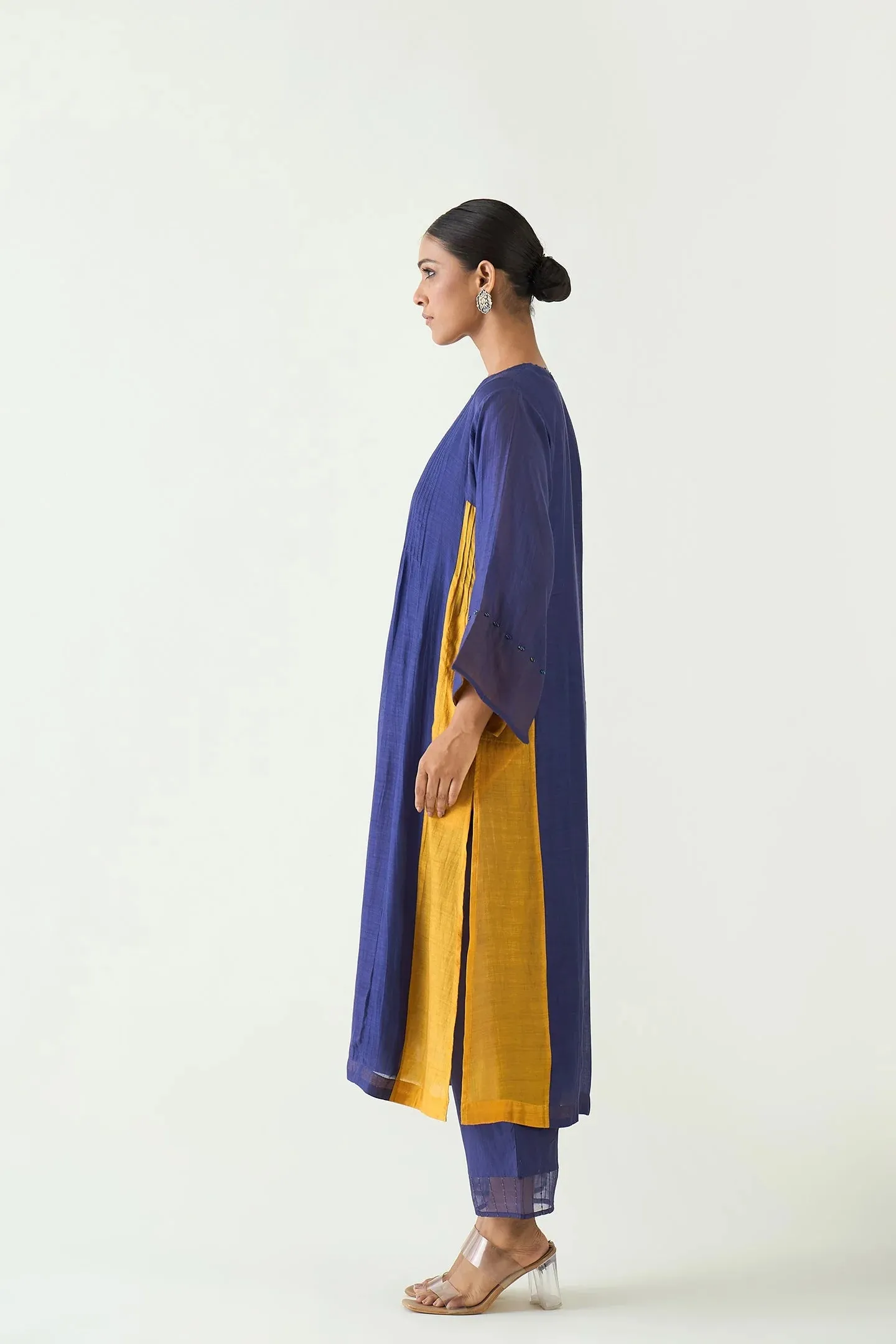 Kriya: Cotton Silk color block choga set - Purple and Mustard