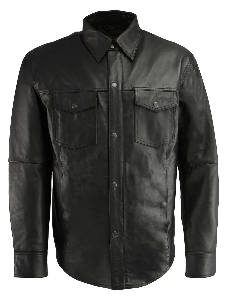 Milwaukee Leather LKM1601 Men's Black Lightweight Snap Front Casual Biker Leather Shirt