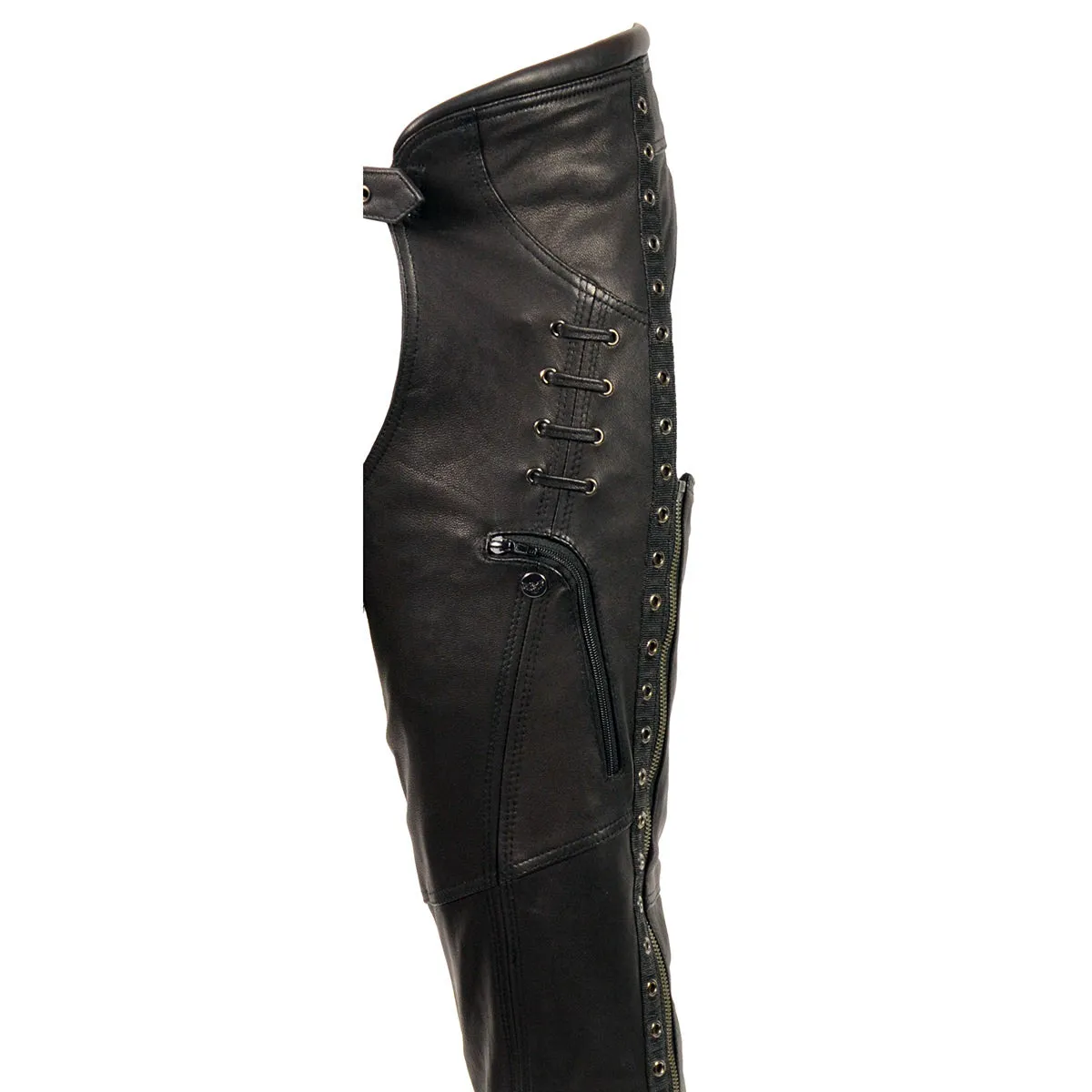 Milwaukee Leather Women's Black Lightweight Premium Goat Skin Leather Motorcycle Chaps w/ Accent Lacing -MLL6535