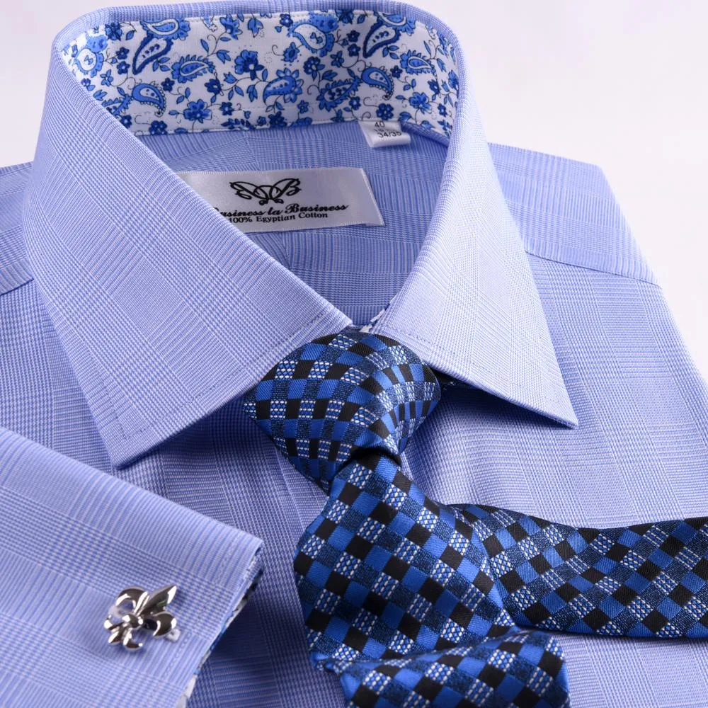 New Arrival Light Blue Checks On Twill Formal Business Dress Shirt With Fashion Inner-Lining