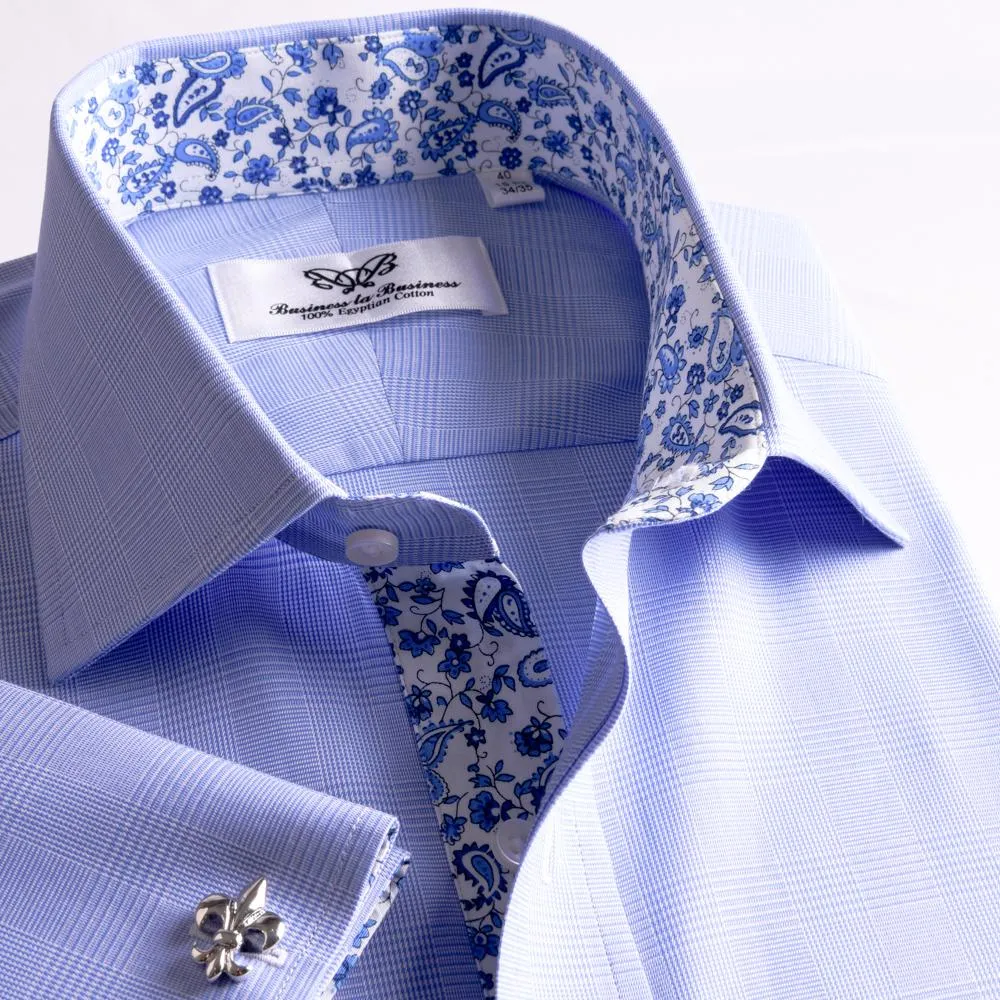 New Arrival Light Blue Checks On Twill Formal Business Dress Shirt With Fashion Inner-Lining