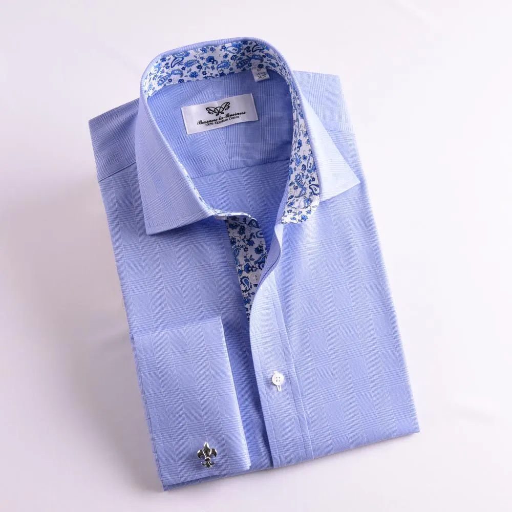 New Arrival Light Blue Checks On Twill Formal Business Dress Shirt With Fashion Inner-Lining