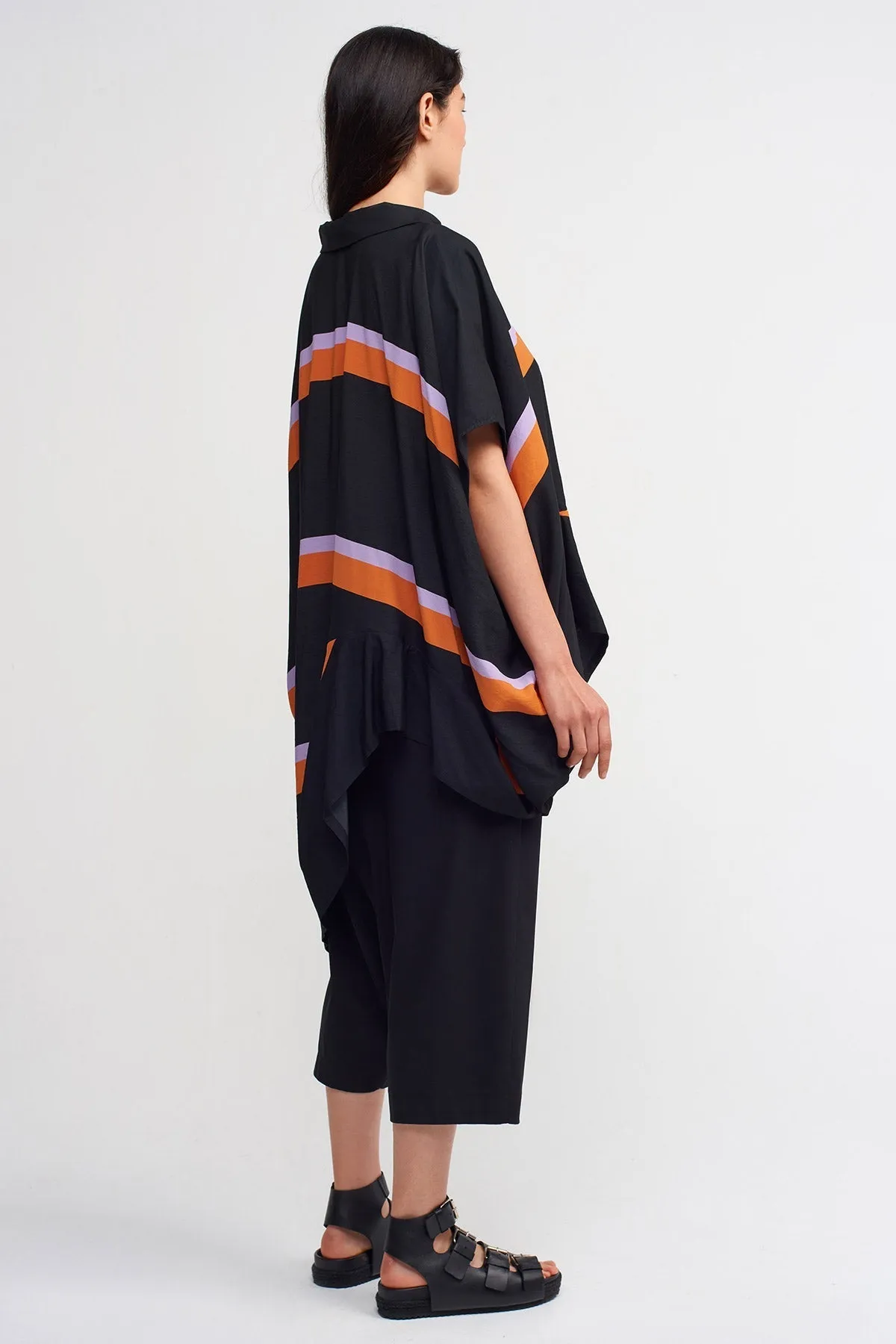 Nu Multicolor Striped Asymmetrical Blouse Black/Orange