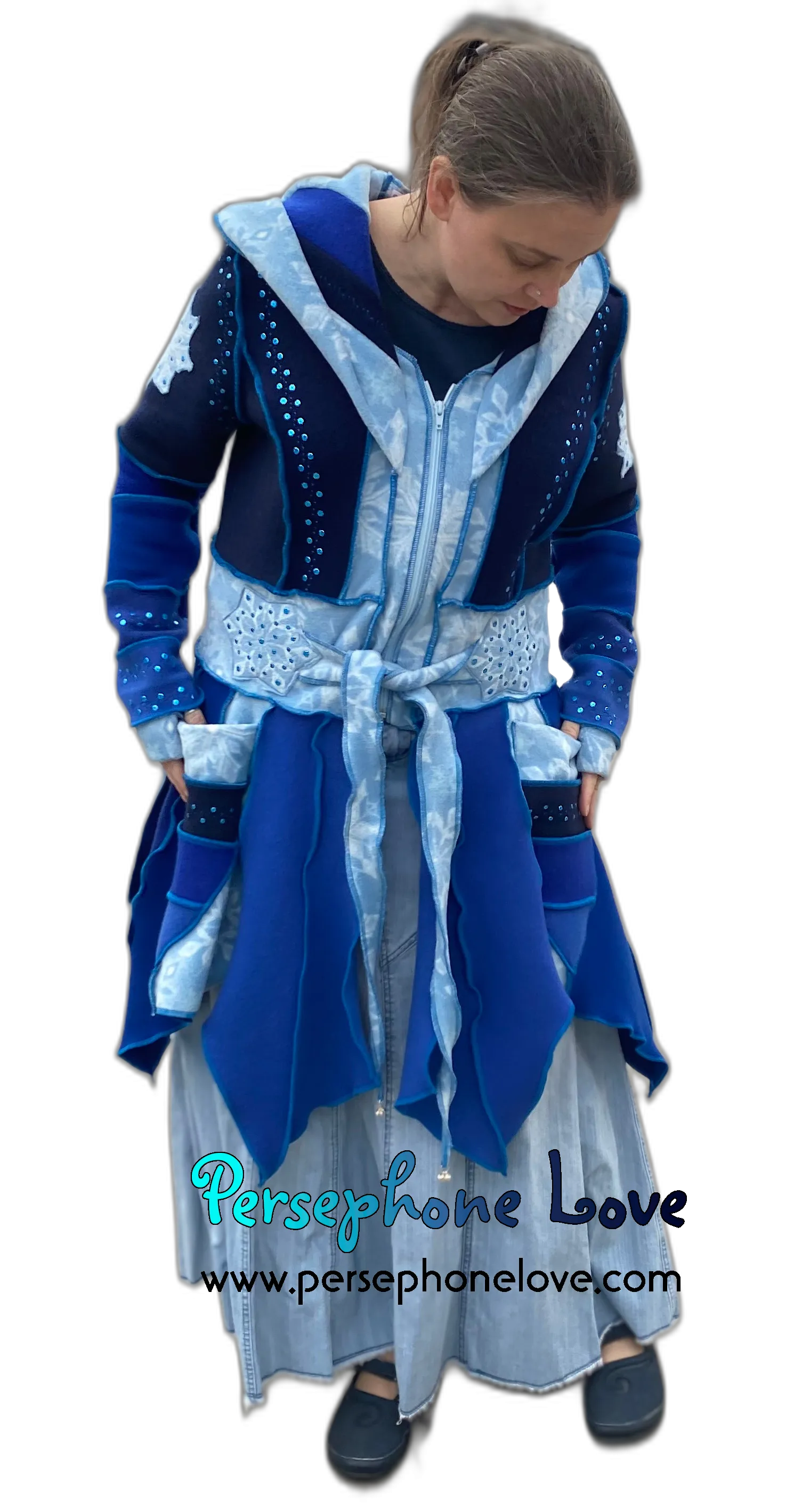 "Icicles" Pixie blue felted 100% cashmere/fleece Katwise-inspired sequin sweatercoat-2550