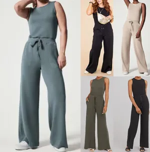 Solid Color Jumpsuit Sleeveless Tops Tie Elastic Pants Romper