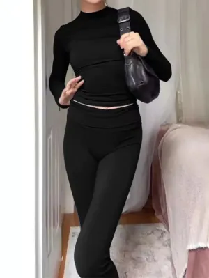 Solid Slim Long Sleeve Tee & Flare Leg Pants Set