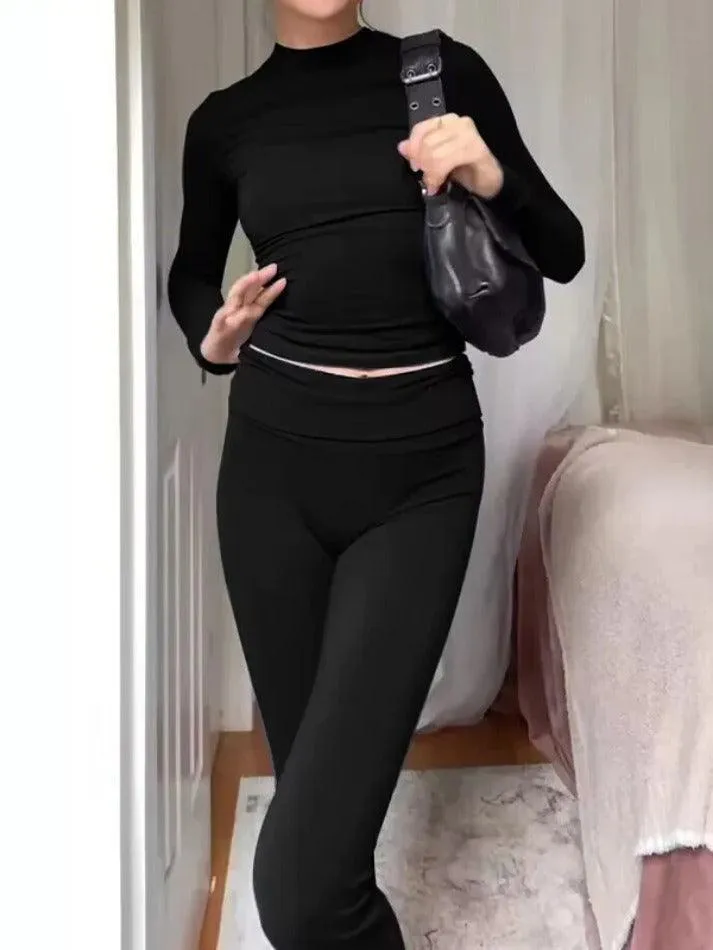 Solid Slim Long Sleeve Tee & Flare Leg Pants Set