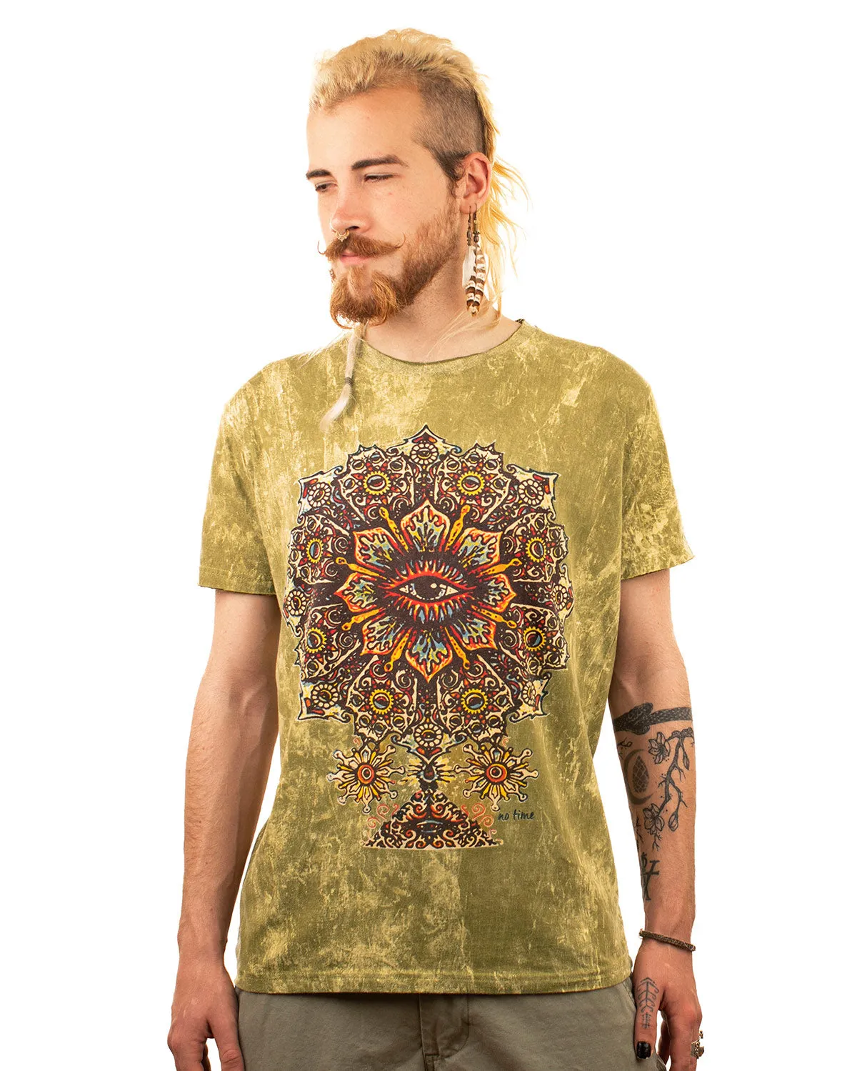 Stonewash Mandala Flower Eye Cotton T-shirt Dark Yellow