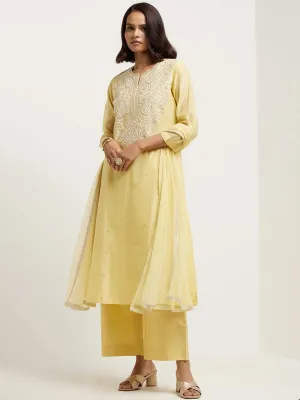 Vark Light Yellow Embroidered Kurta, Palazzos & Dupatta Set