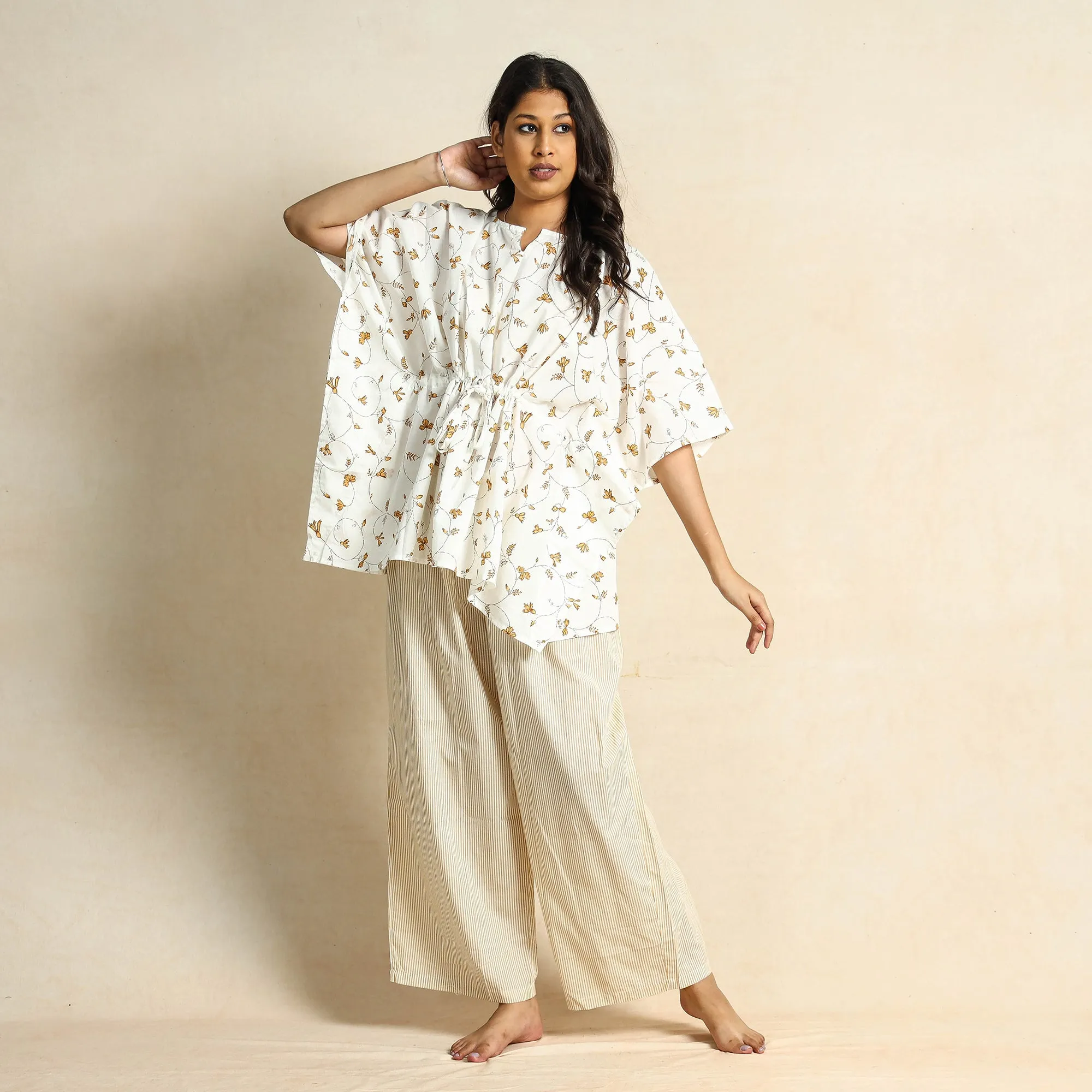 White - Hand Block Printed Cotton Kaftan & Pyjama Night Suit Set