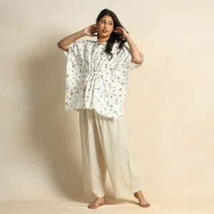 White - Hand Block Printed Cotton Kaftan & Pyjama Night Suit Set