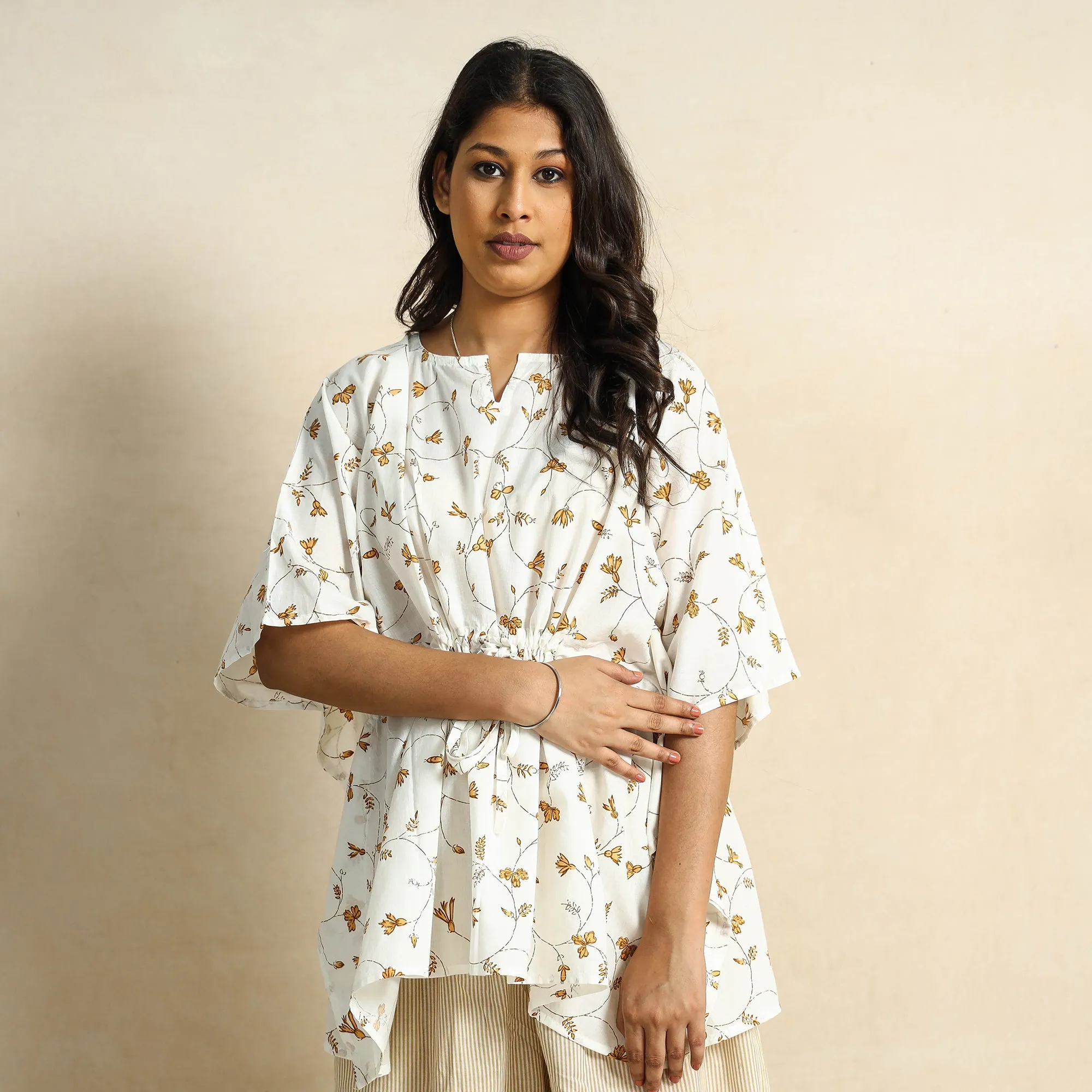 White - Hand Block Printed Cotton Kaftan & Pyjama Night Suit Set