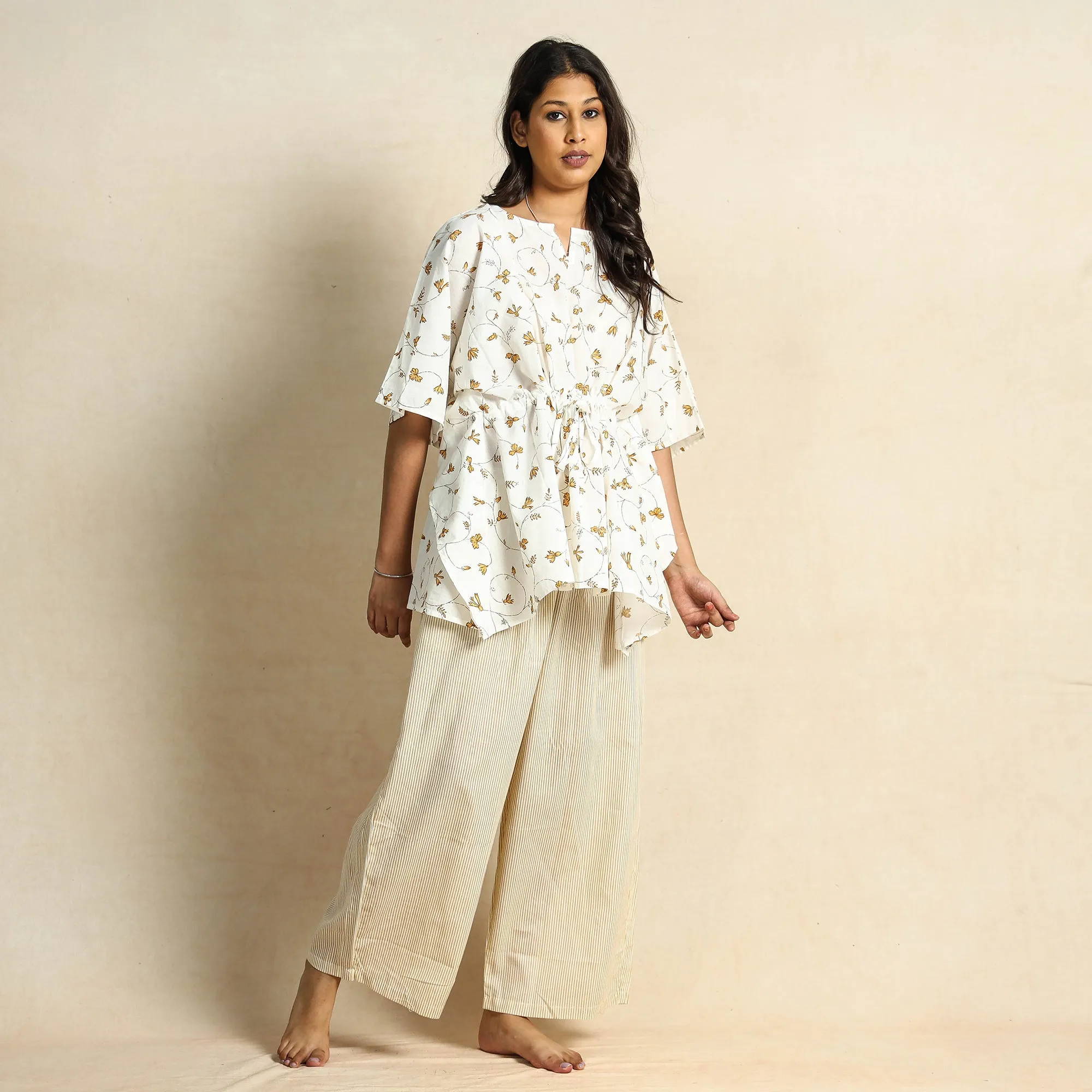 White - Hand Block Printed Cotton Kaftan & Pyjama Night Suit Set