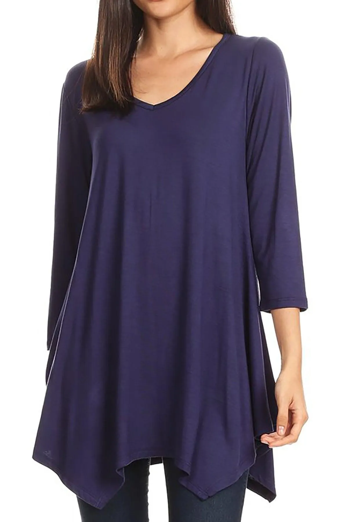 Women's Knit Asymmetrical 3/4 Sleeve V-Neck Flowy Blouse