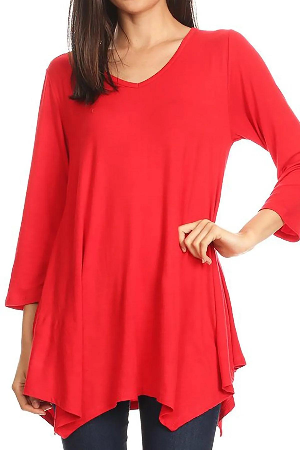 Women's Knit Asymmetrical 3/4 Sleeve V-Neck Flowy Blouse