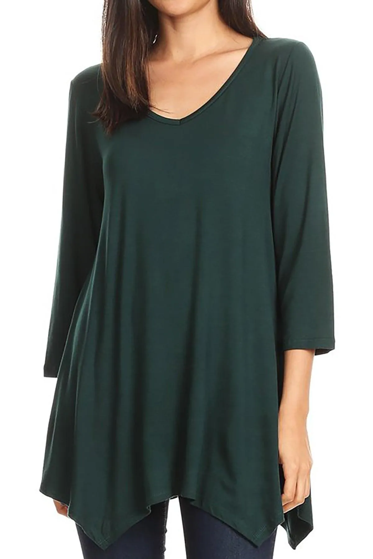 Women's Knit Asymmetrical 3/4 Sleeve V-Neck Flowy Blouse