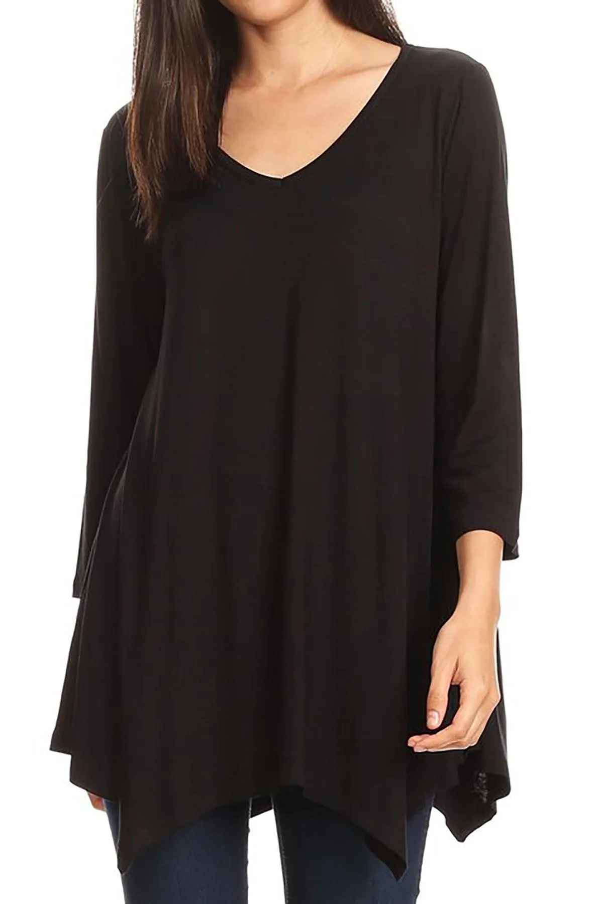 Women's Knit Asymmetrical 3/4 Sleeve V-Neck Flowy Blouse