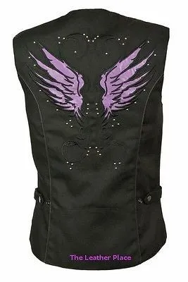 WOMEN'S MOTORCYCLE RIDING PURPLE TEXTILE VEST W/ STUD & WINGS DETAILING